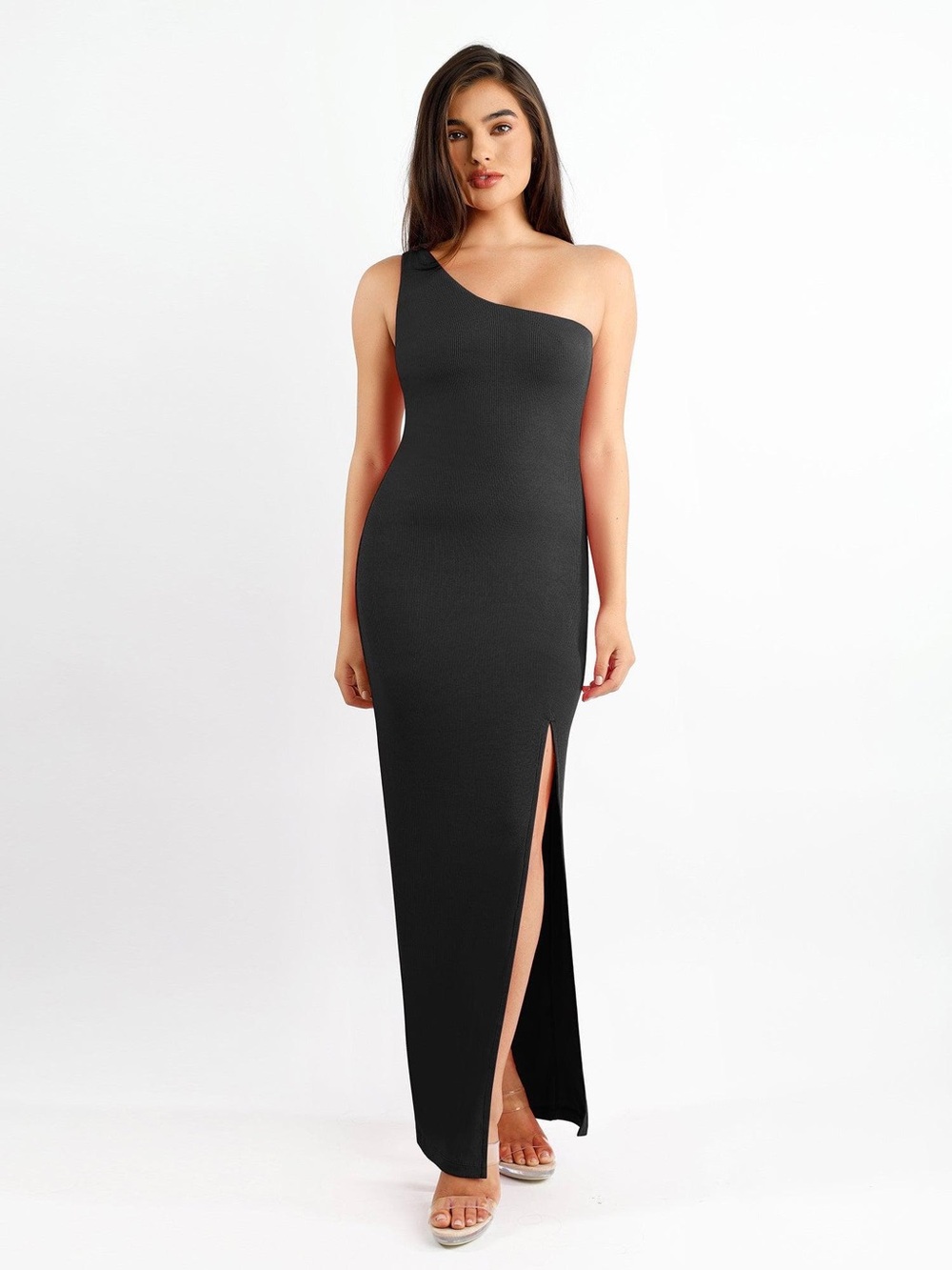 Popilush Shapewear Modal One Shoulder Front Slit Slimming Maxi Dress 3XL Black